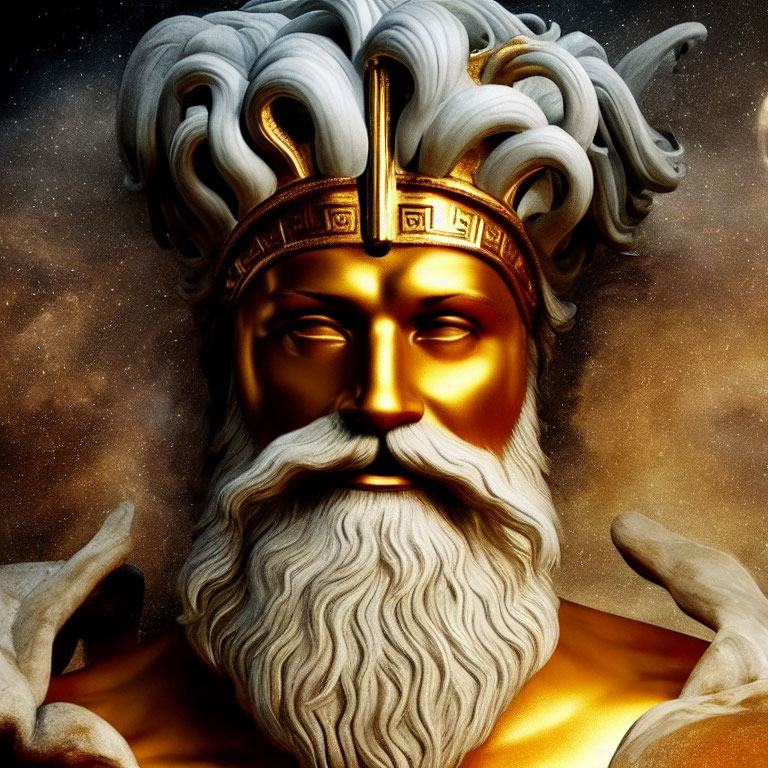 Regal bearded figure with golden crown in cosmic setting