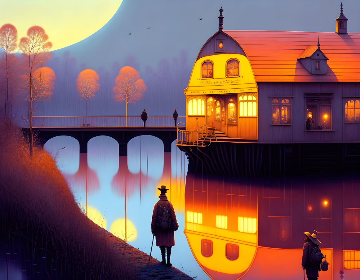 Whimsical artwork: Man in hat gazes at Victorian house on stilts by moonlit water