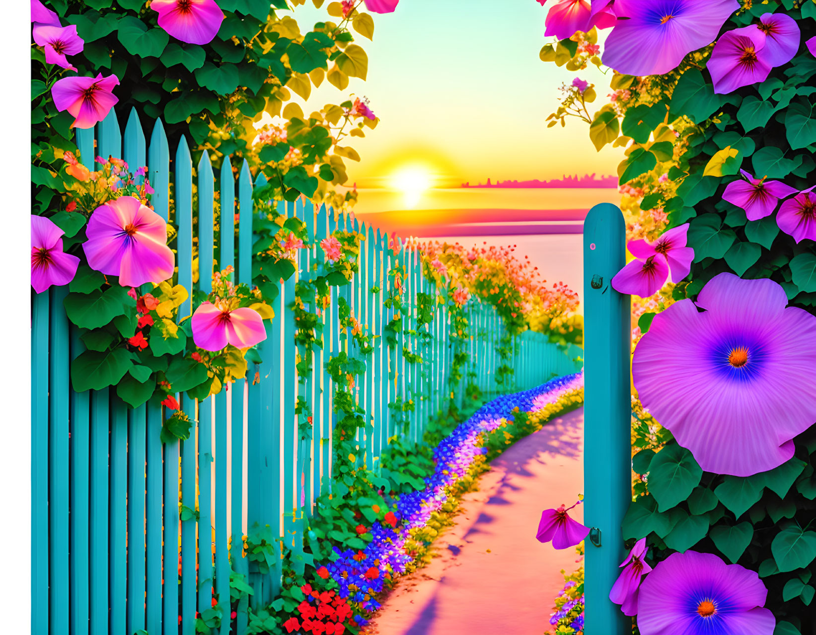 Sunset garden path with blue fence and bright flowers