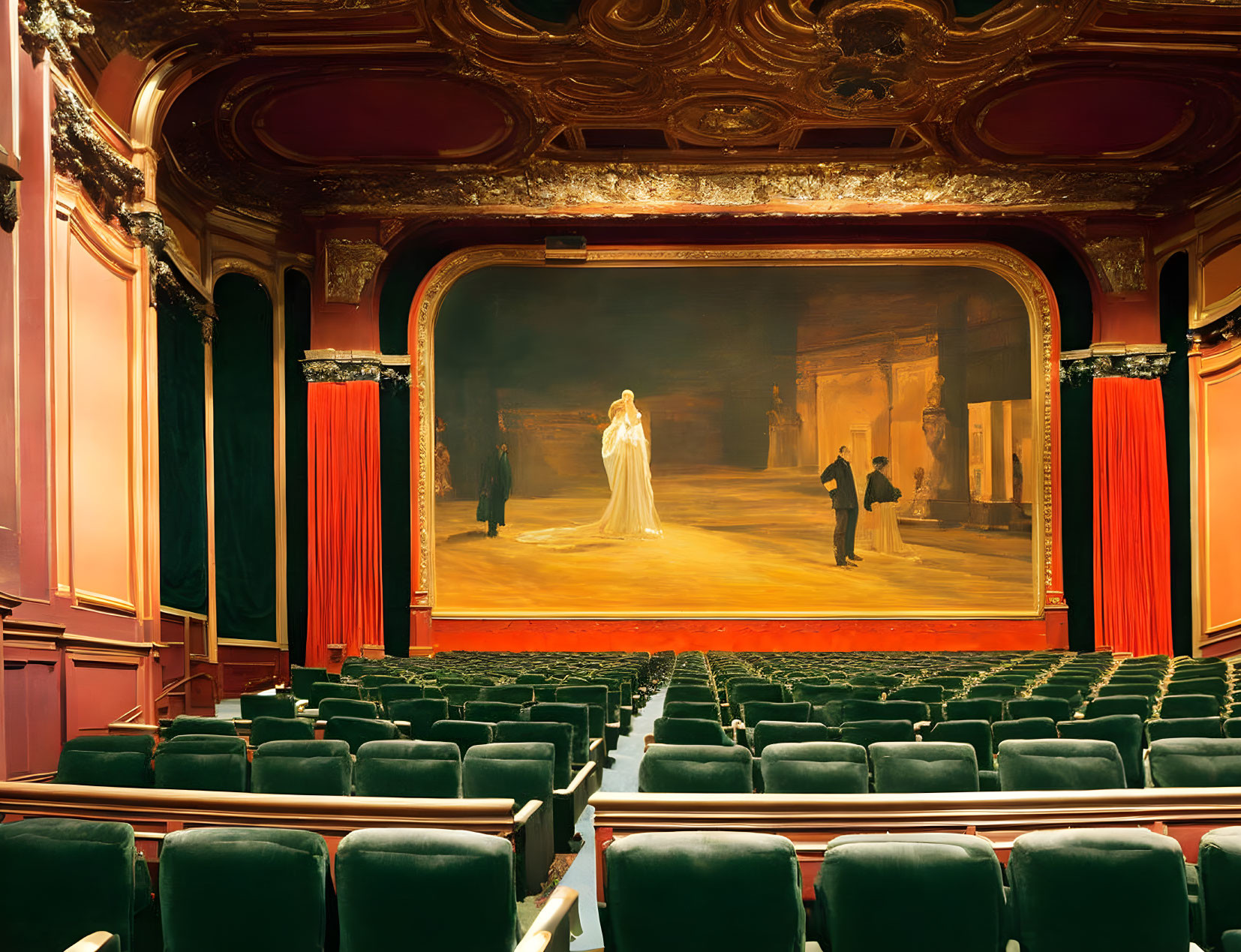 Luxurious theater interior with red seats, golden decor, and stage painting.