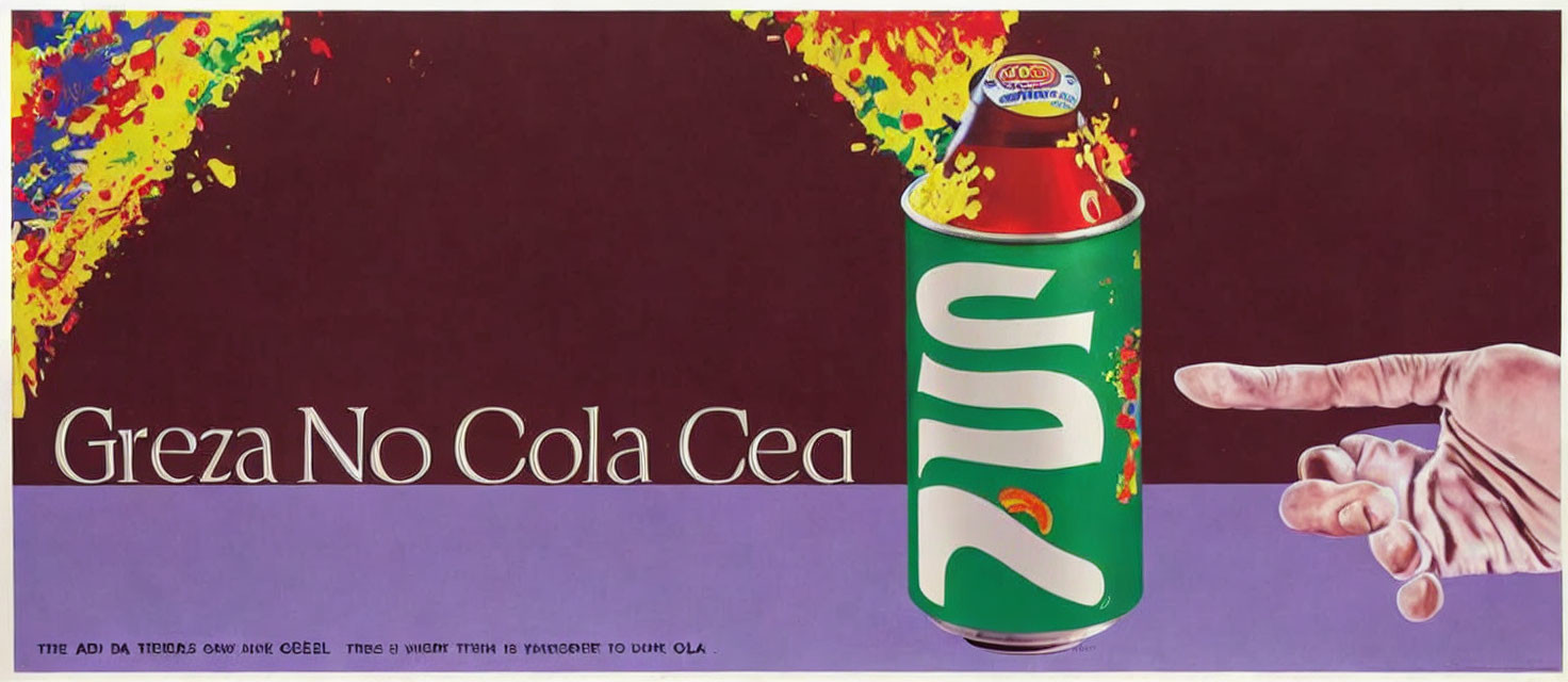 Colorful ad featuring exploding soda can and hand pointing on dark background