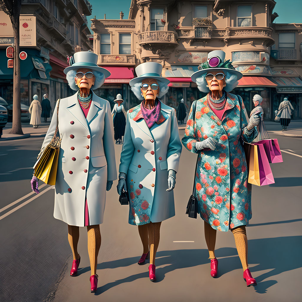 Elderly Ladies in Colorful Outfits and Hats on City Street