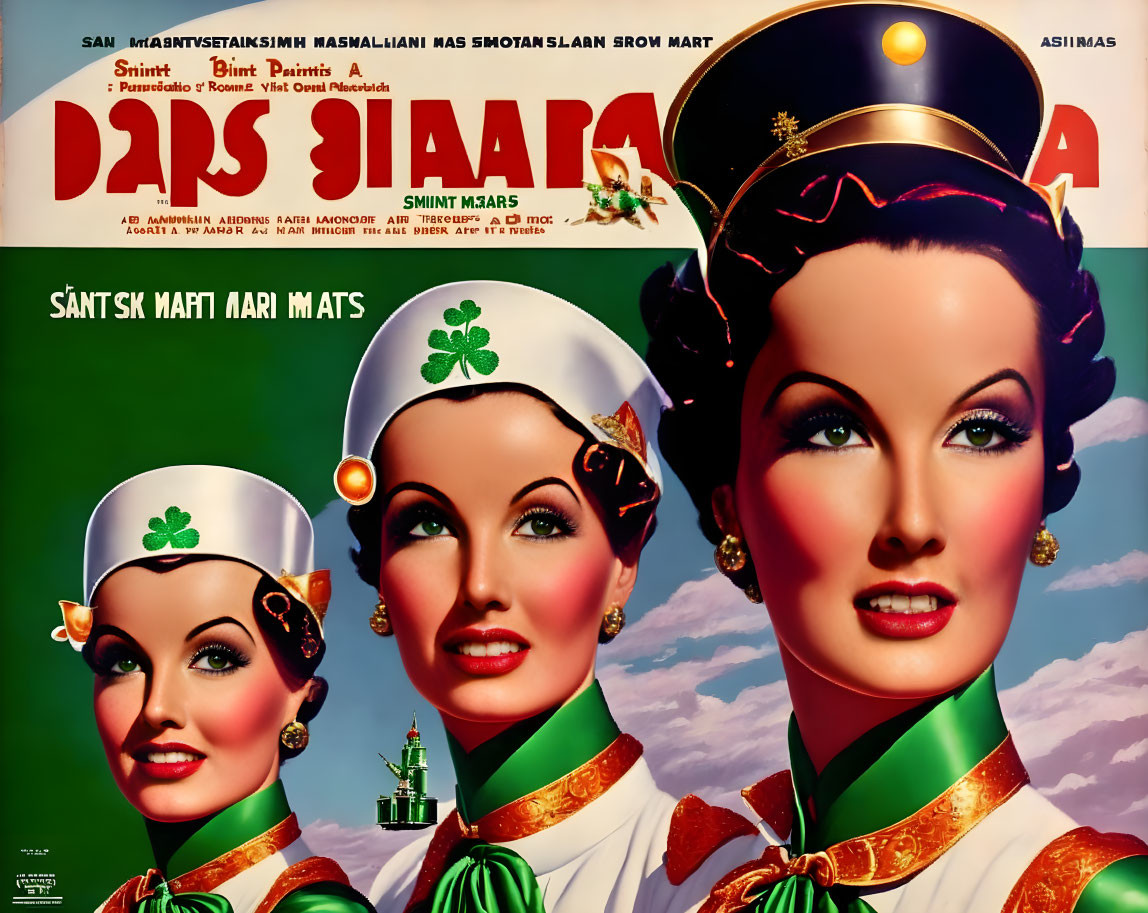 Vintage Poster: Three Women in Colorful Hats and Uniforms on Green Background