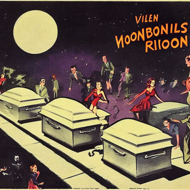 Illustration of people dancing in space with moons and rockets in retro-futuristic style