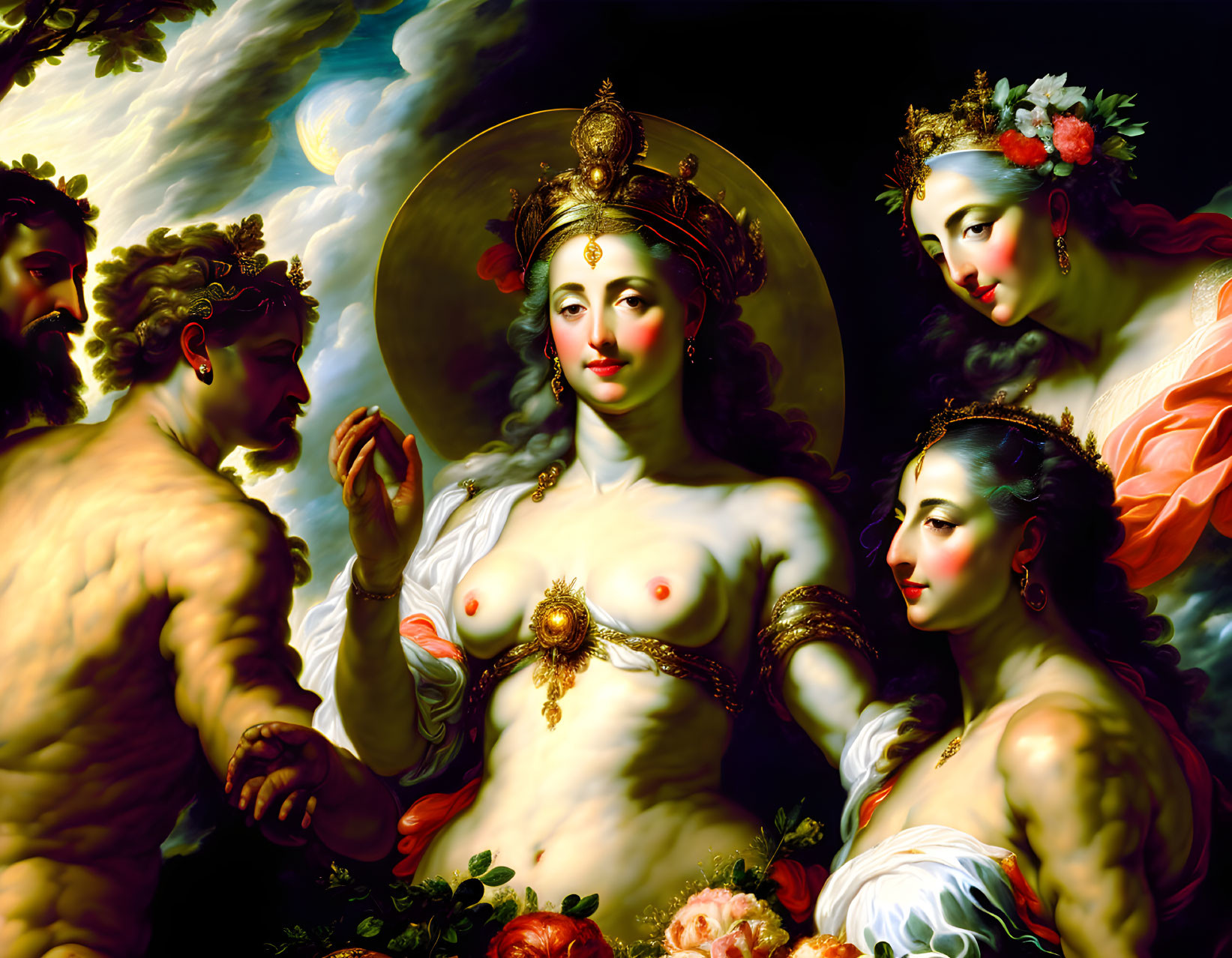 Central Female Figure with Halo Surrounded by Ornate Figures and Clouds