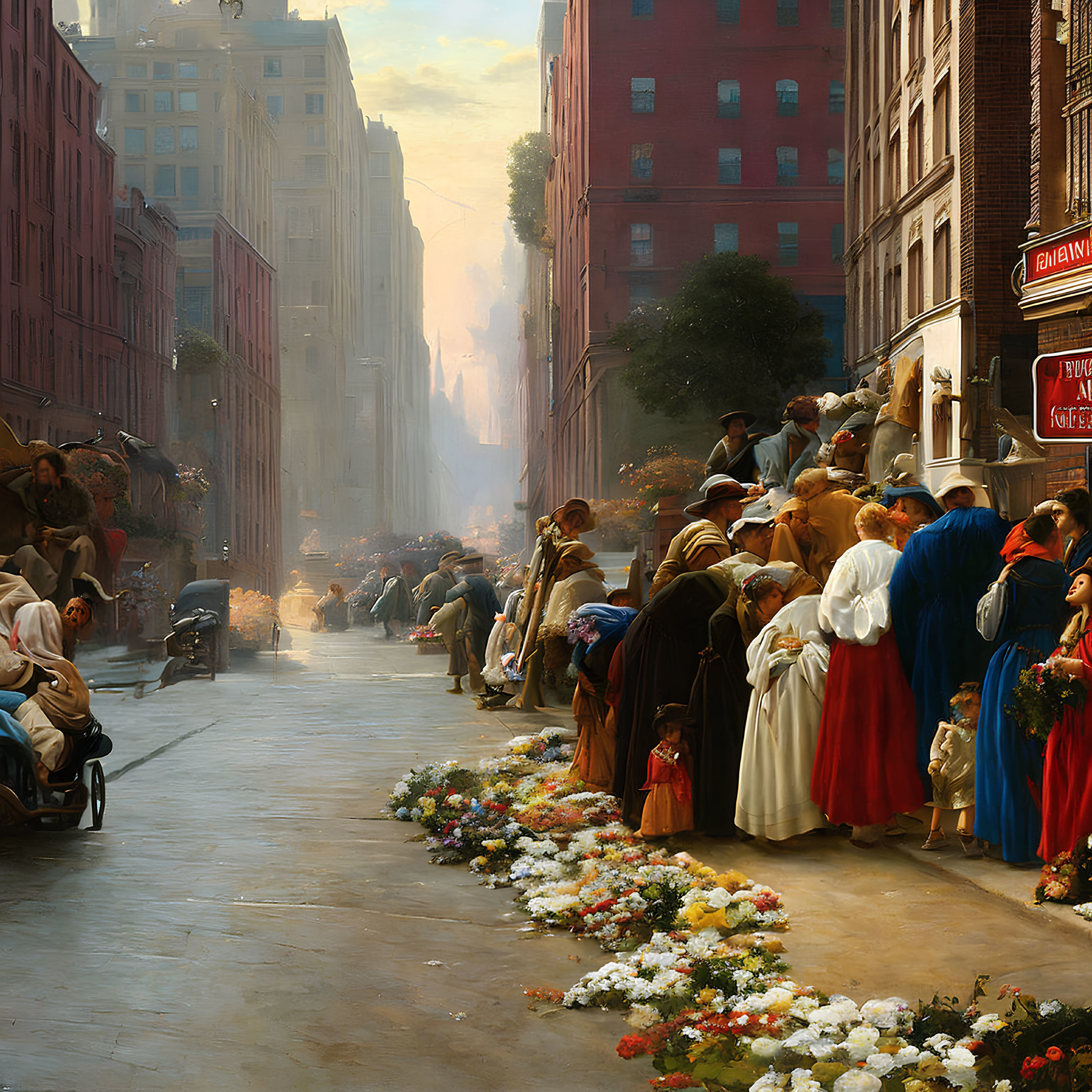 Vintage city street scene with period clothing, horse-drawn carriages, and flower vendors.