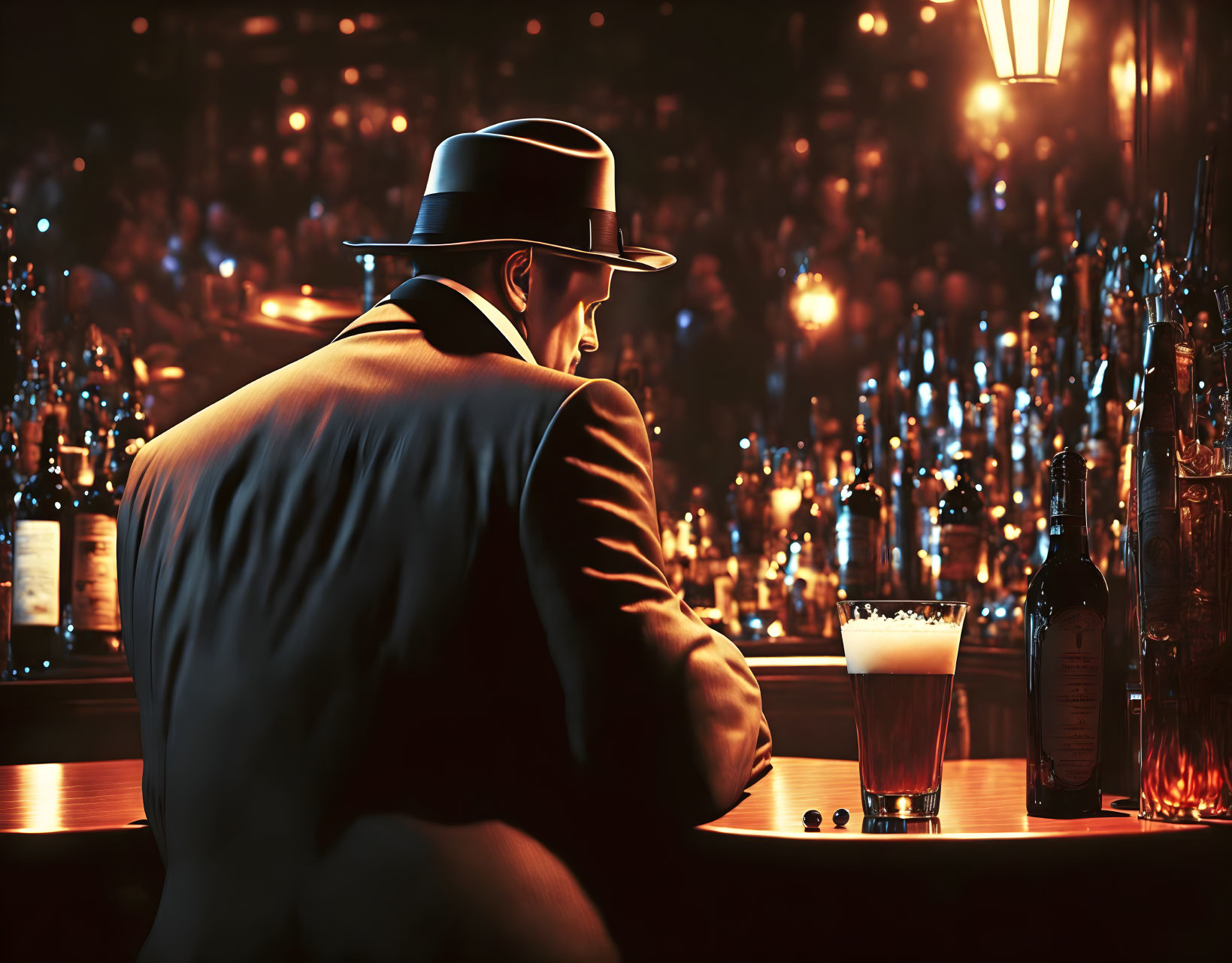 Man in Fedora and Suit at Bar with Beer and Bottle in Dimly Lit Setting