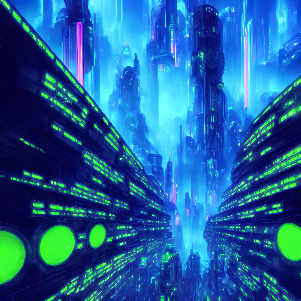 Futuristic cityscape with neon lights and skyscrapers