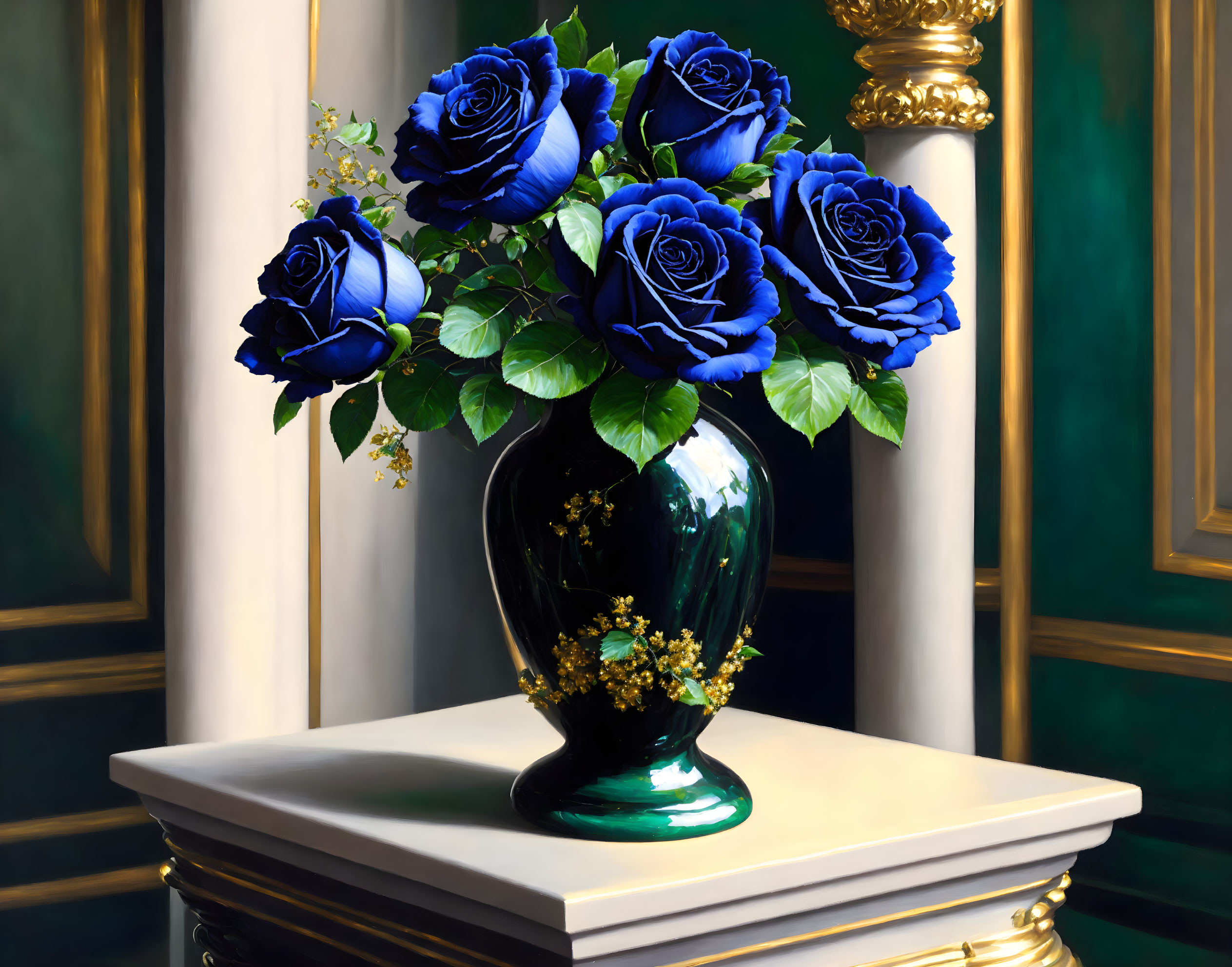 Vibrant blue and yellow flowers in vase on white pedestal