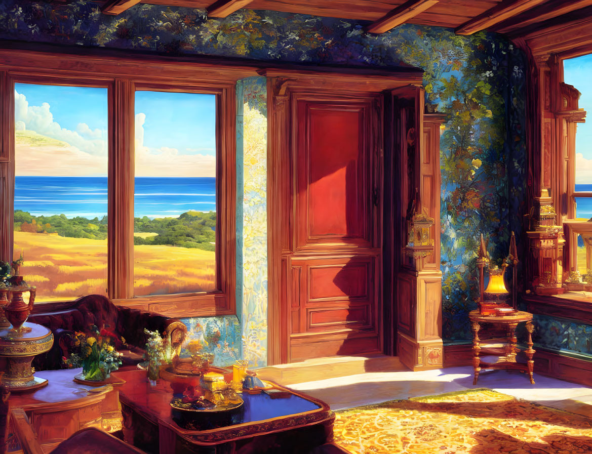 Vintage Room with Large Windows and Seascape View