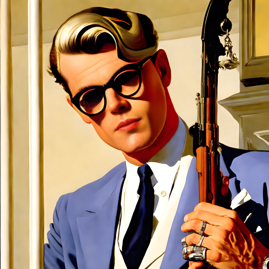 Man in Blue Suit with Quiff Hairstyle Holding Rifle on Cream Background