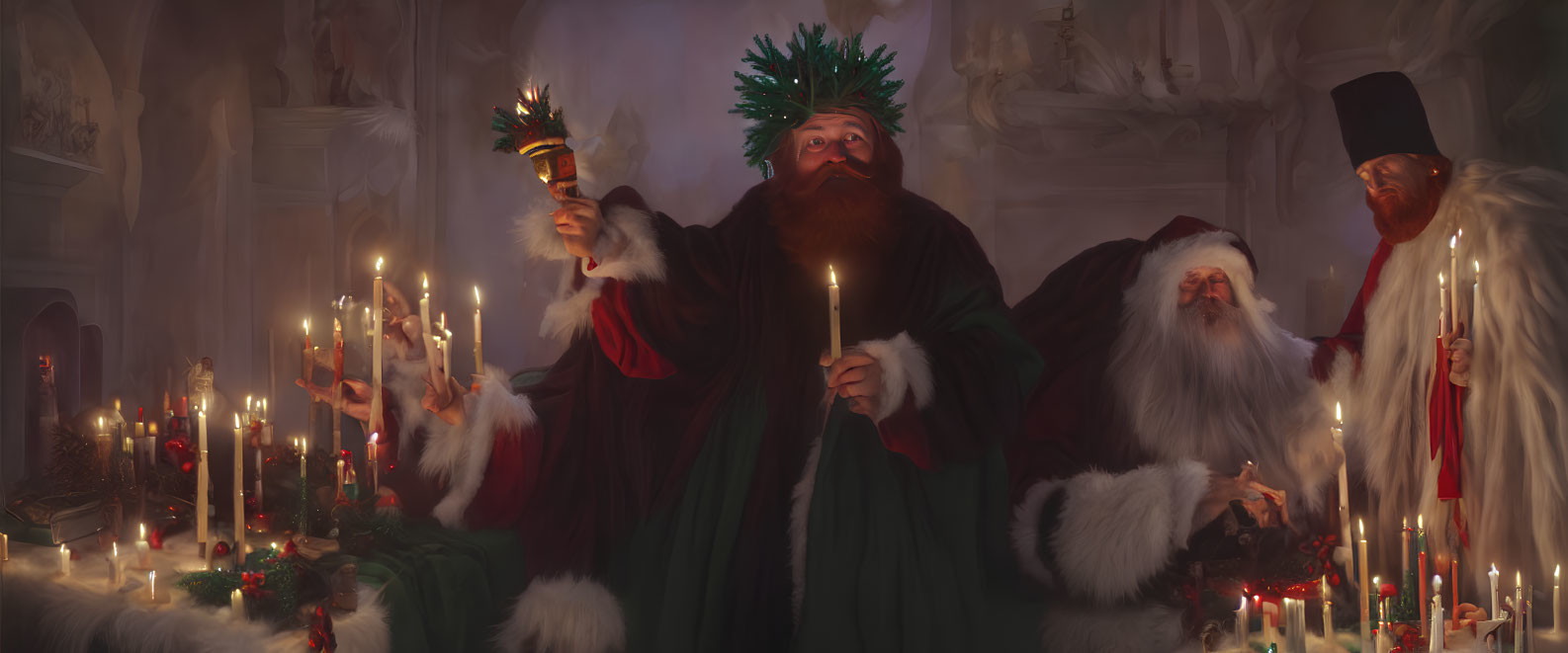 Four robed figures holding candles in festive scene