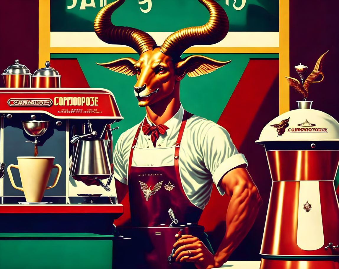 Anthropomorphic goat in red apron at coffee bar with Cyrillic script