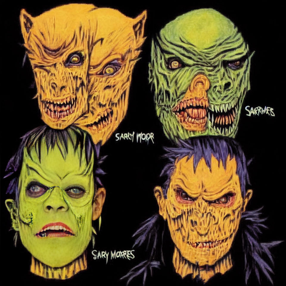 Four Halloween-inspired painted faces in yellow and green on black background