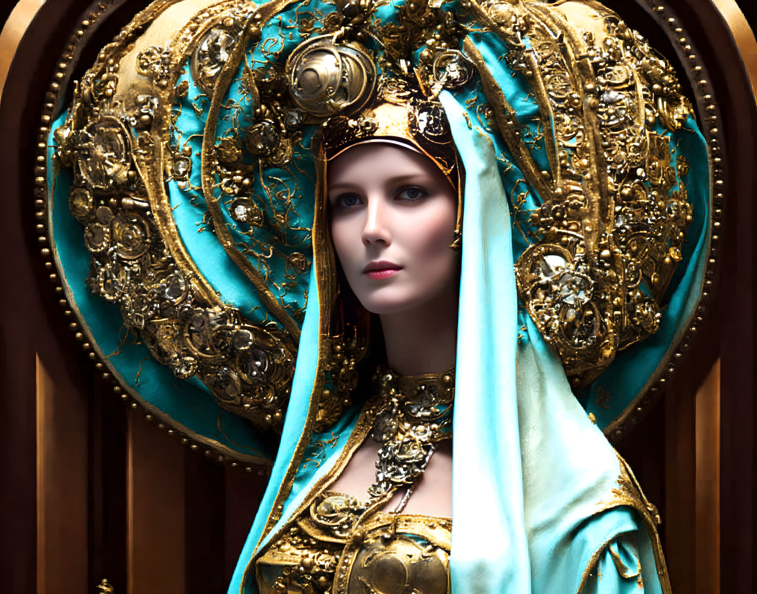 Elegant woman in ornate gold headdress and turquoise veil