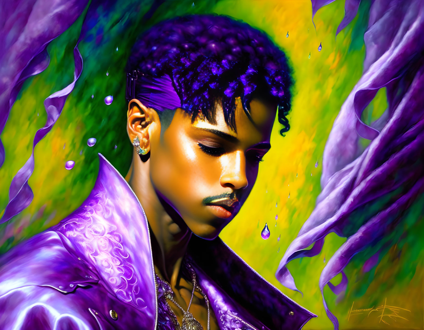 Colorful digital portrait with purple attire and hair against abstract background.