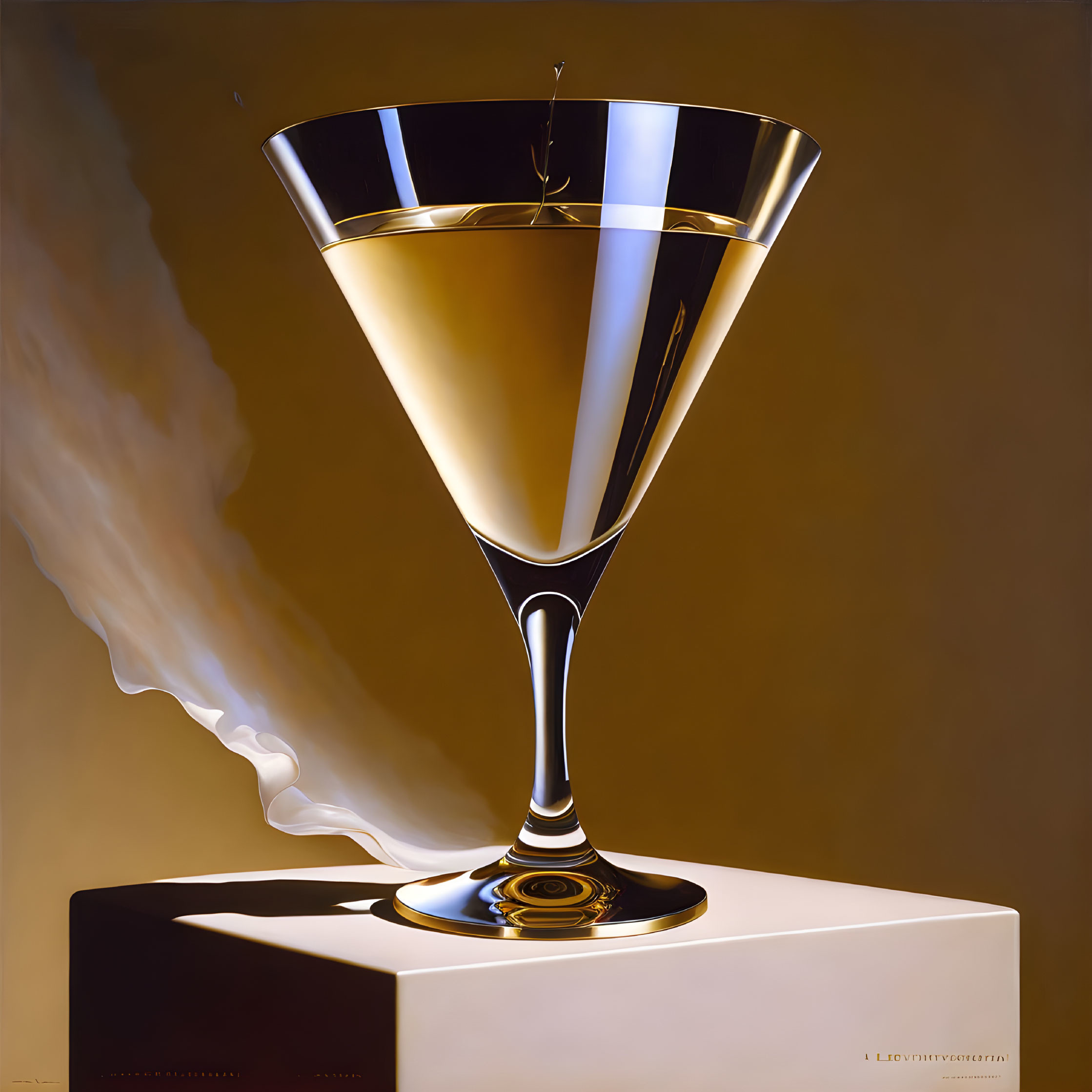 Hyperrealistic Painting of Champagne Glass with Liquid Splash on Pedestal