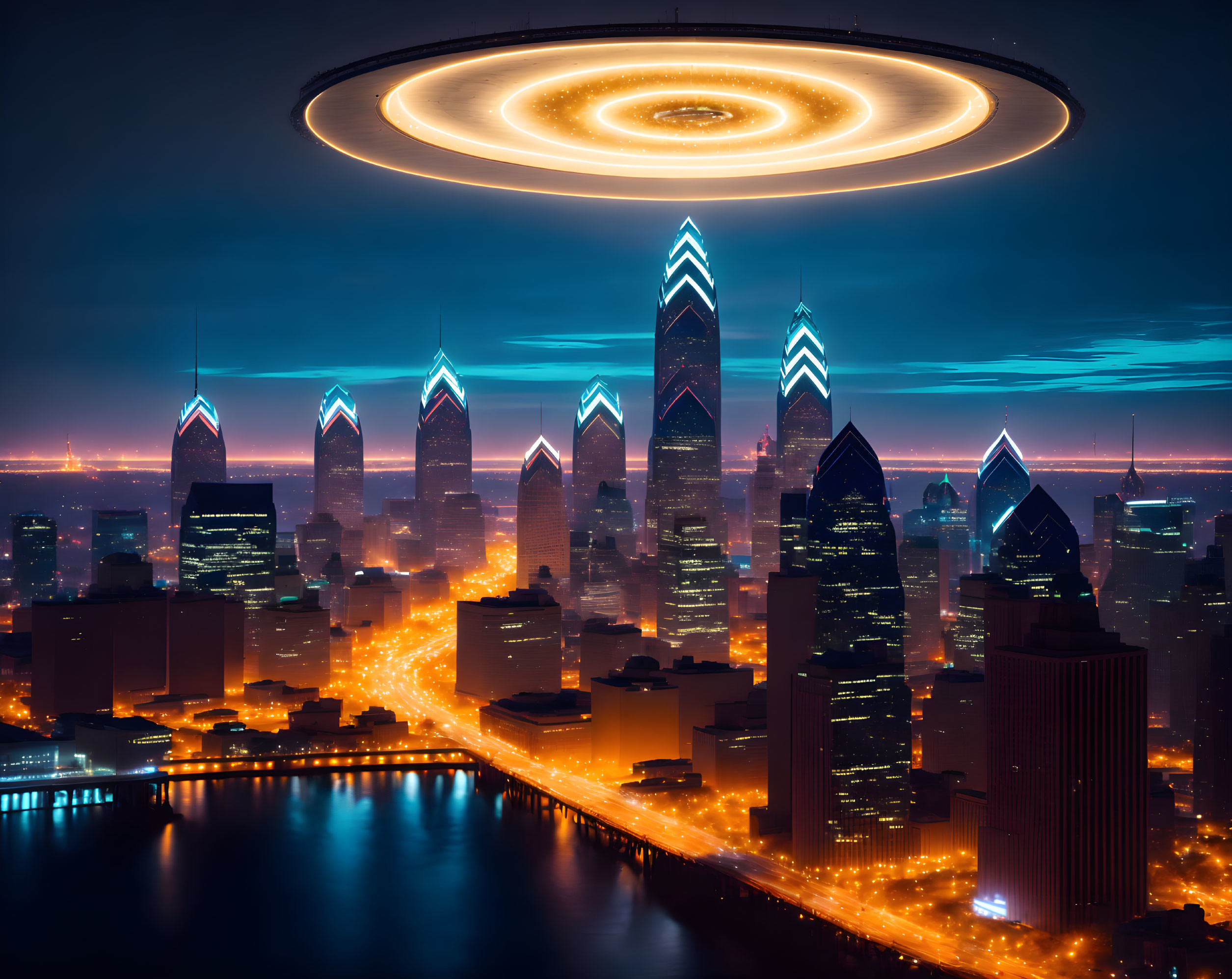 Futuristic night cityscape with illuminated buildings, river, and UFO