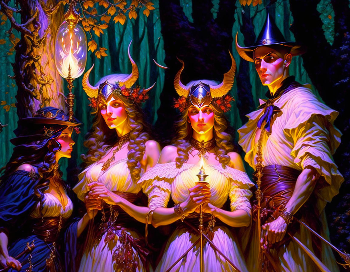 Fantasy image of four characters, two in horned headdresses, in forest with lanterns