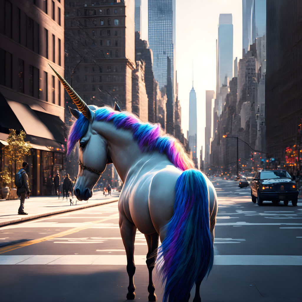 Colorful unicorn with rainbow mane in city street with pedestrians and skyscrapers.