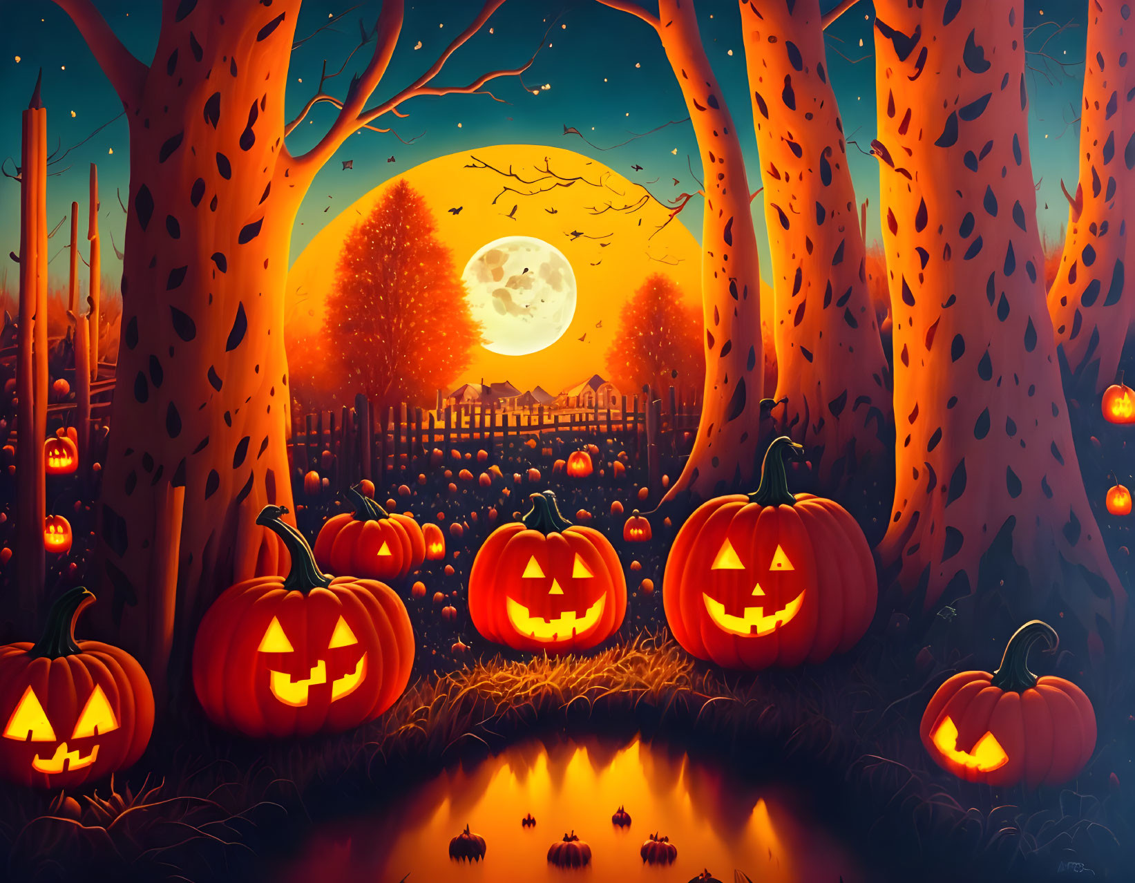 Colorful Halloween Pumpkins Under Moonlit Autumn Sky in Forest