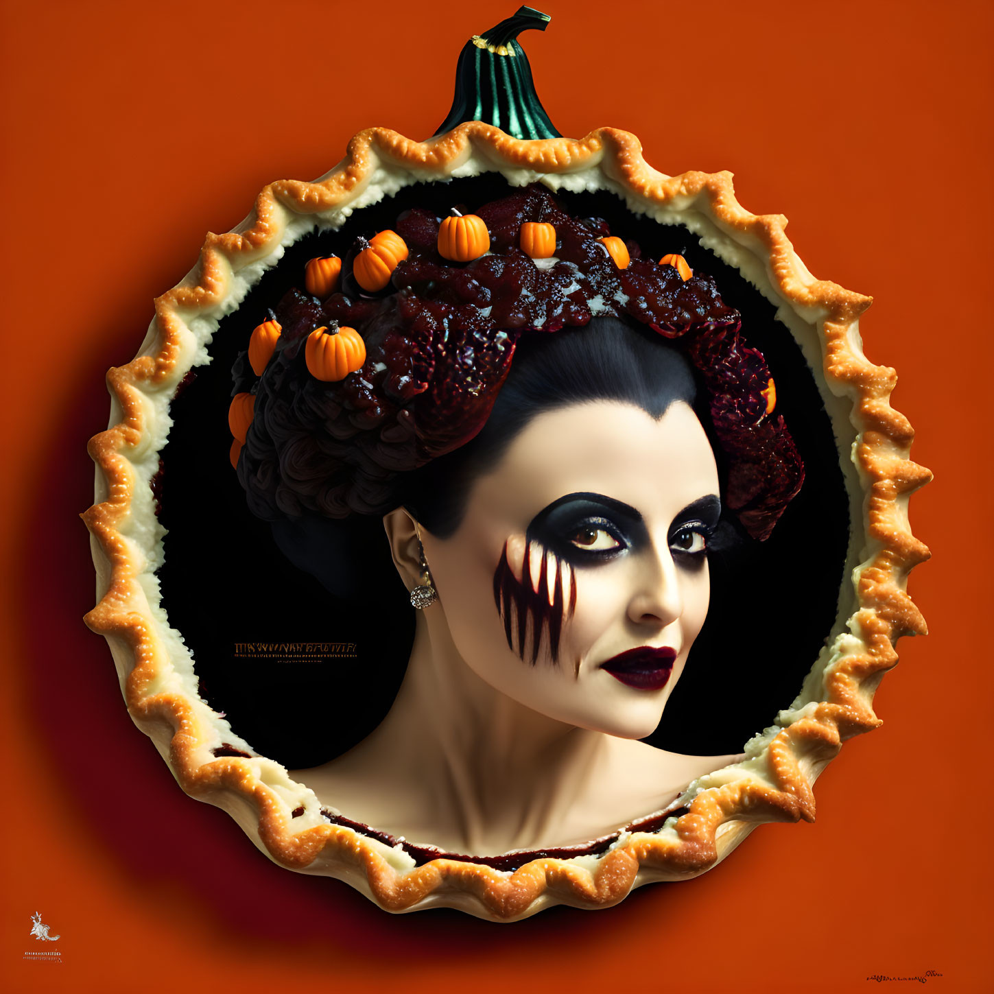 Portrait of a woman in Gothic style with autumn accents framed in a pumpkin pie