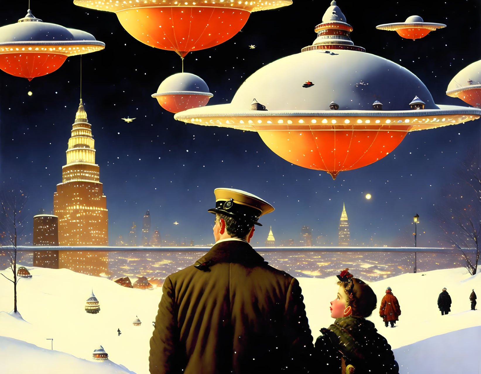 Man and child in winter attire under night sky with flying saucers and cityscape.