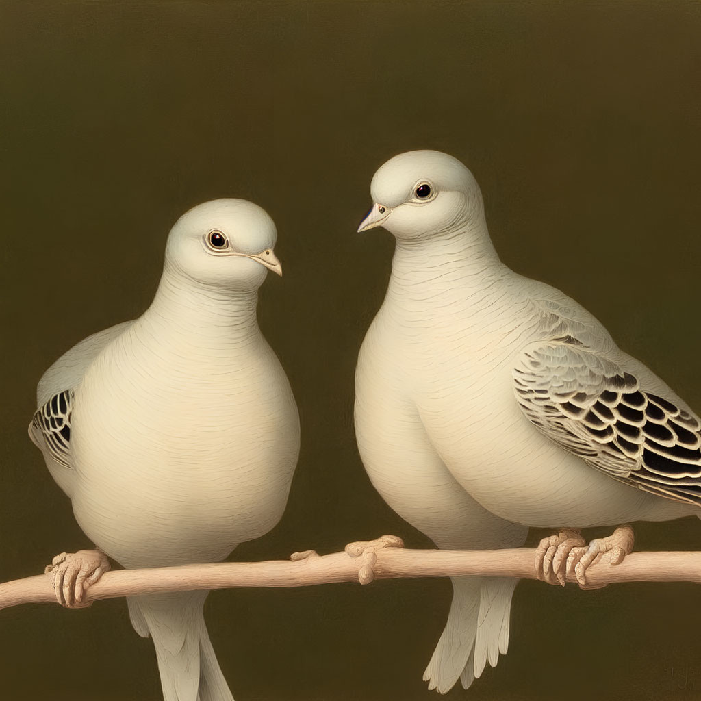 Two White Pigeons Perched on Branch with Grey Wing Patterns