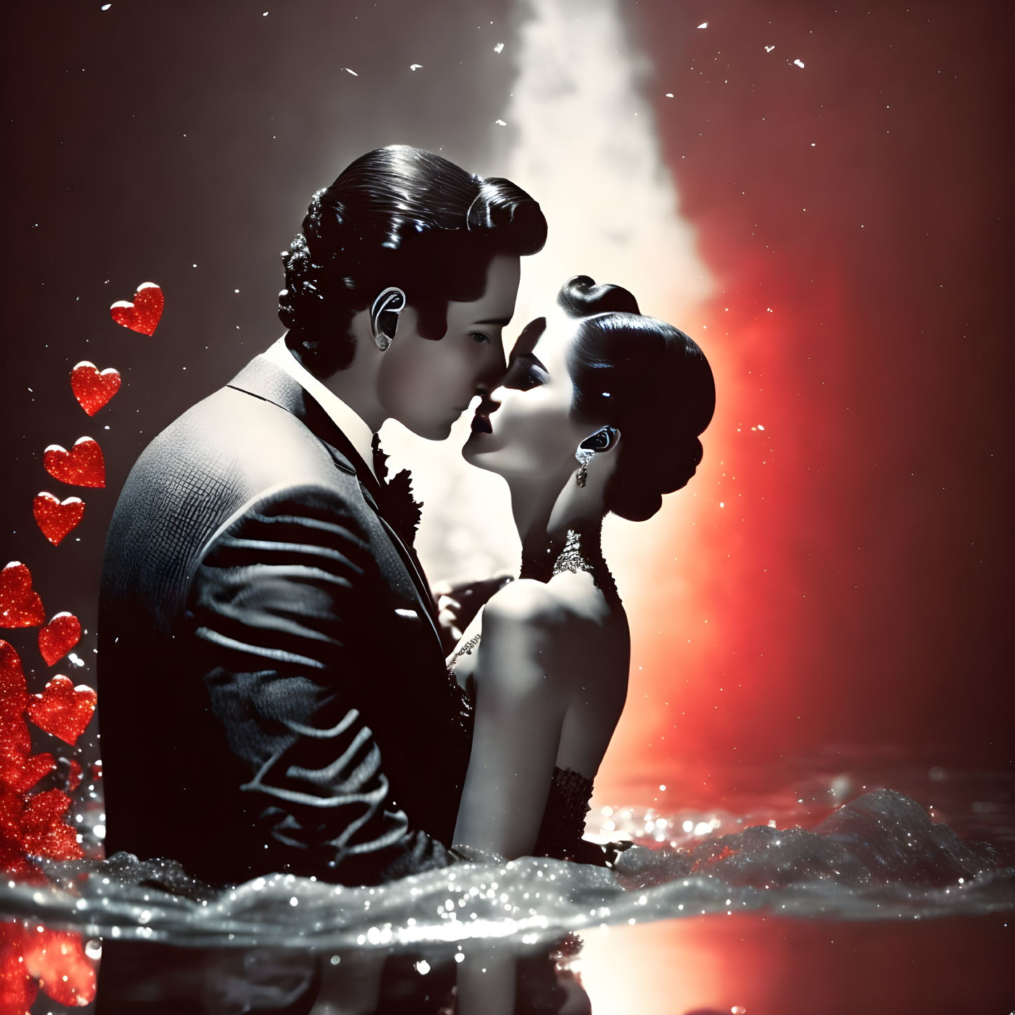 Romantic couple kissing surrounded by floating red hearts and water