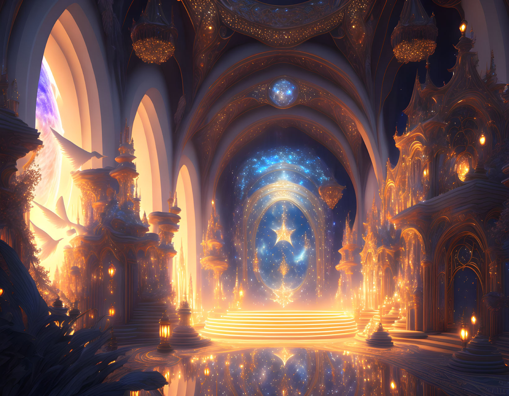 Ethereal fantasy palace with arches, stars, central pathway, cosmic portal, golden structures