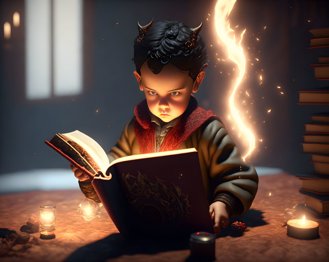 Child with horns reading magical book in dimly lit room surrounded by candles