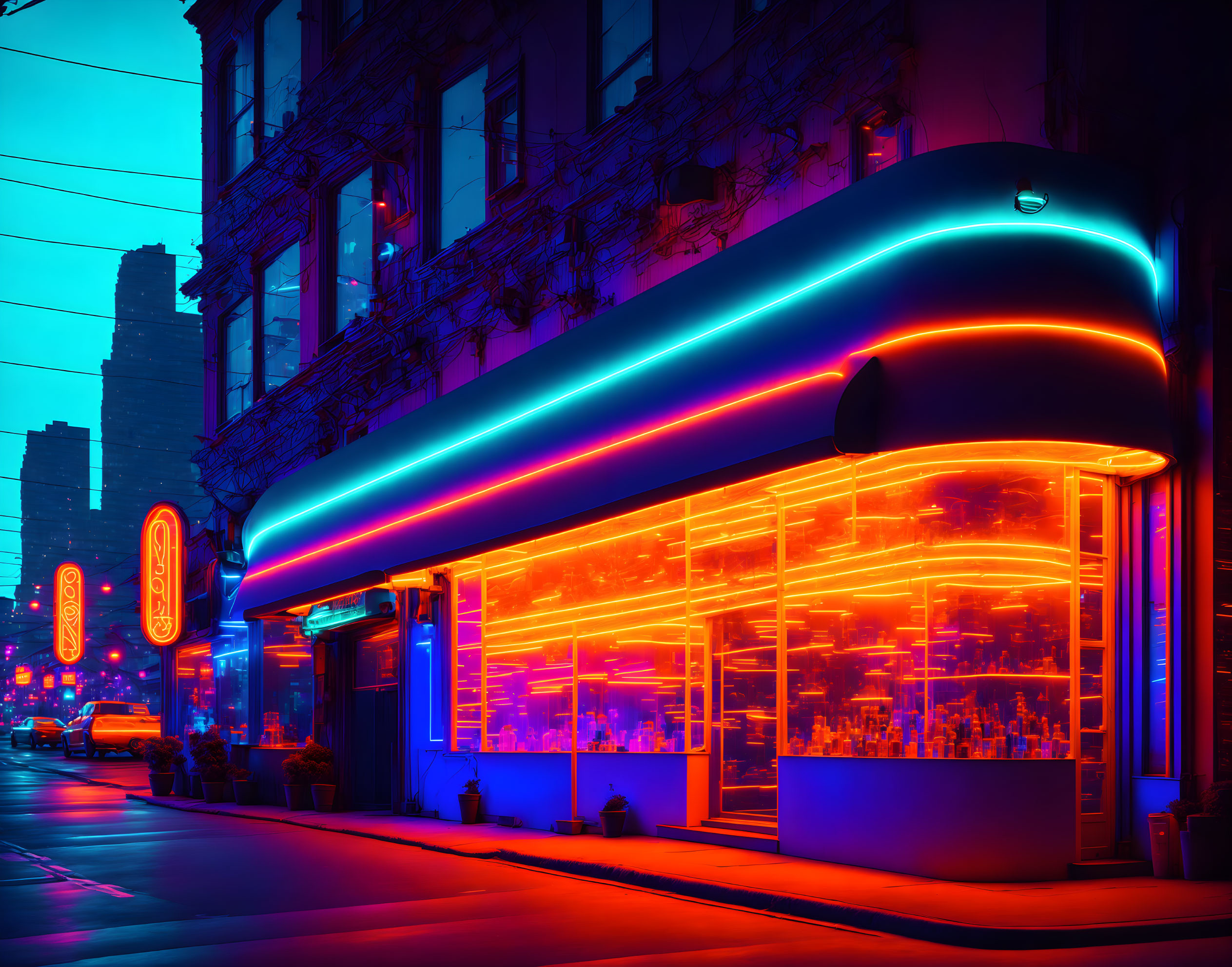 Neon-lit diner corner at twilight with blue and red lights.