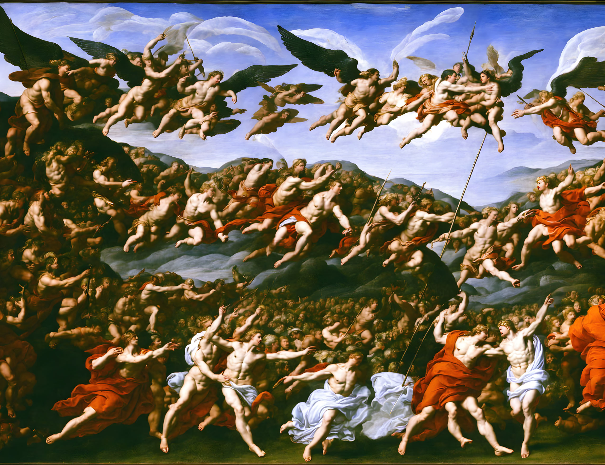 Dynamic Renaissance painting of celestial battle with angels and humans