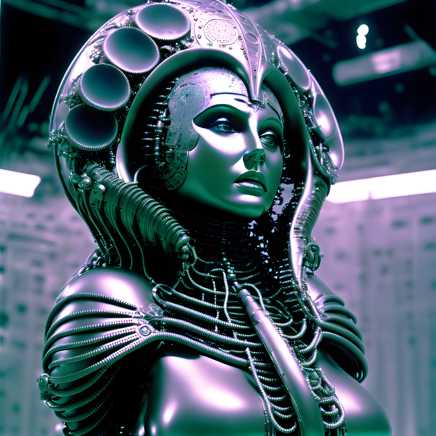 Female Android with Intricate Headdress in Metallic Finish