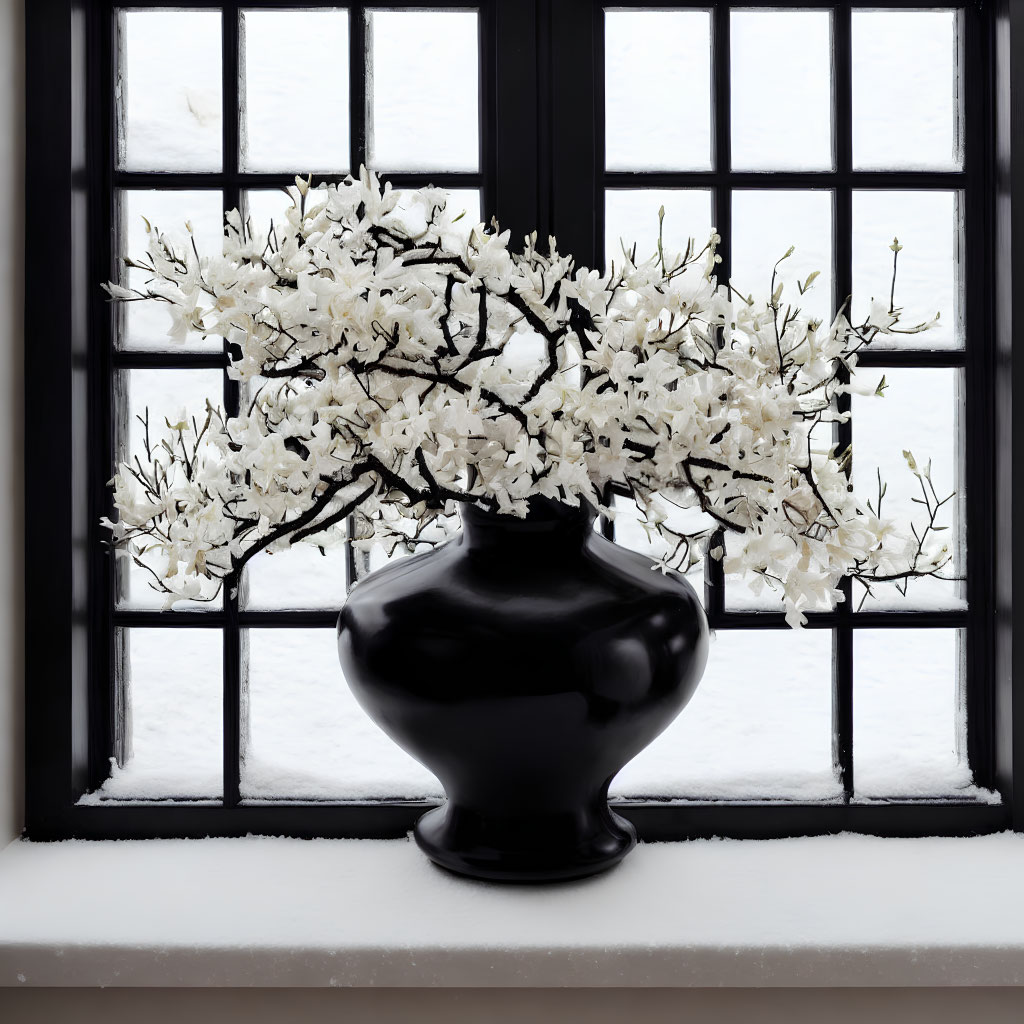 Black vase with white blossoms on snow-lined windowsill by square-paned window