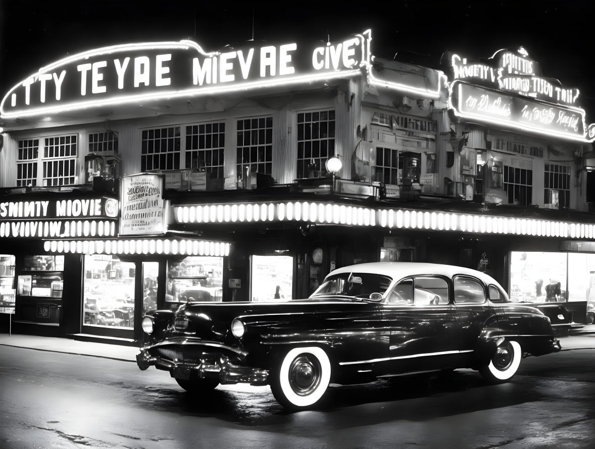 Vintage car parked in front of neon-lit theater at night