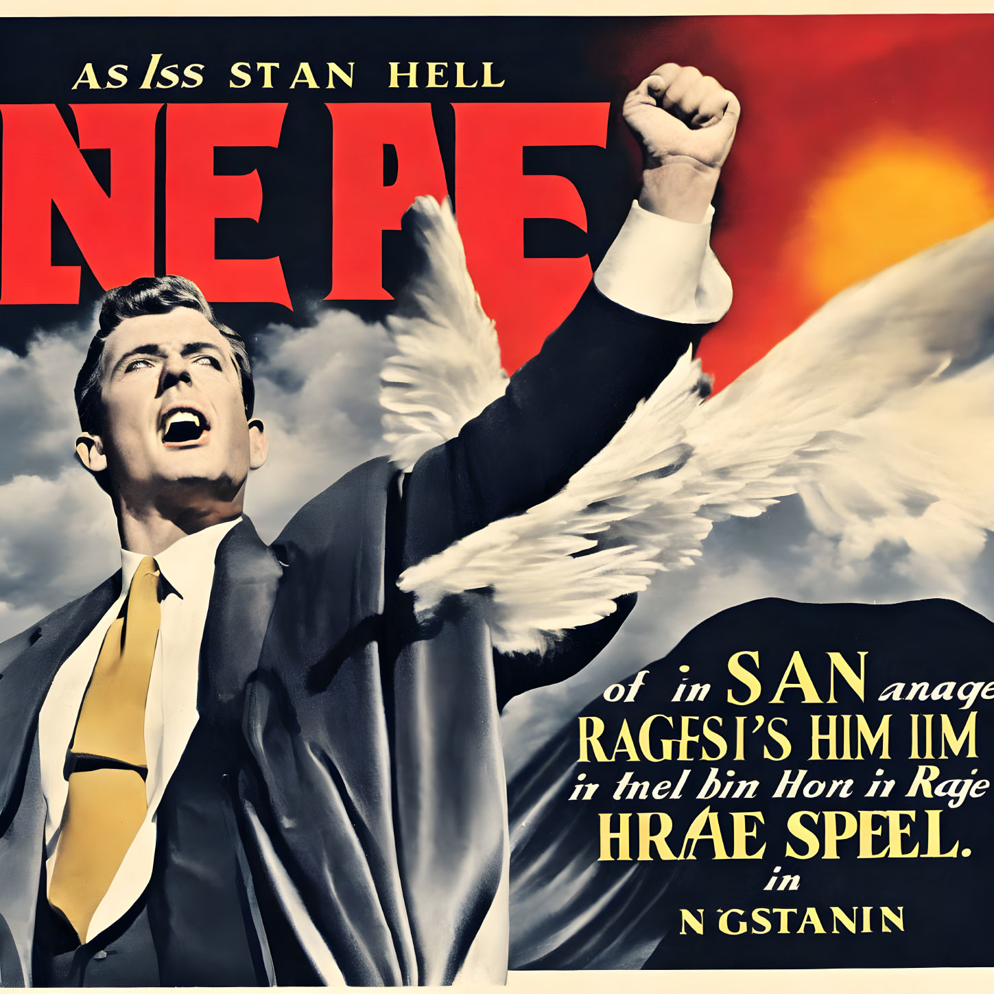 Vintage Movie Poster: Man in Suit with Illustrated Wings and Bold Text