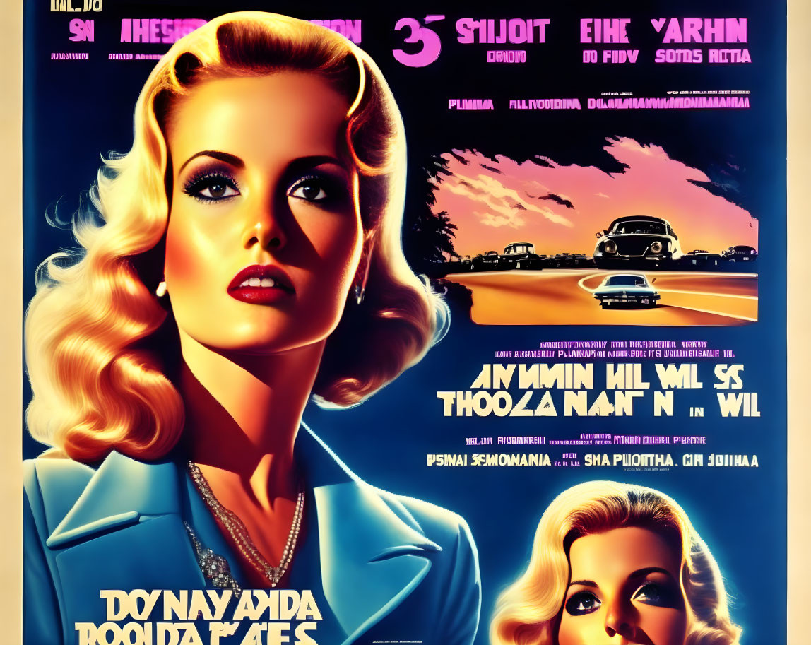 Classic Movie Poster with Blonde Woman, Couple in Car, Sunset Road, Multilingual Text