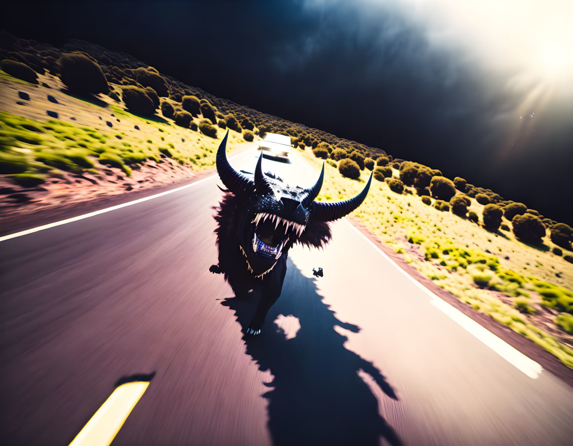 Exaggerated bison with large curved horns charging on road under dramatic sky