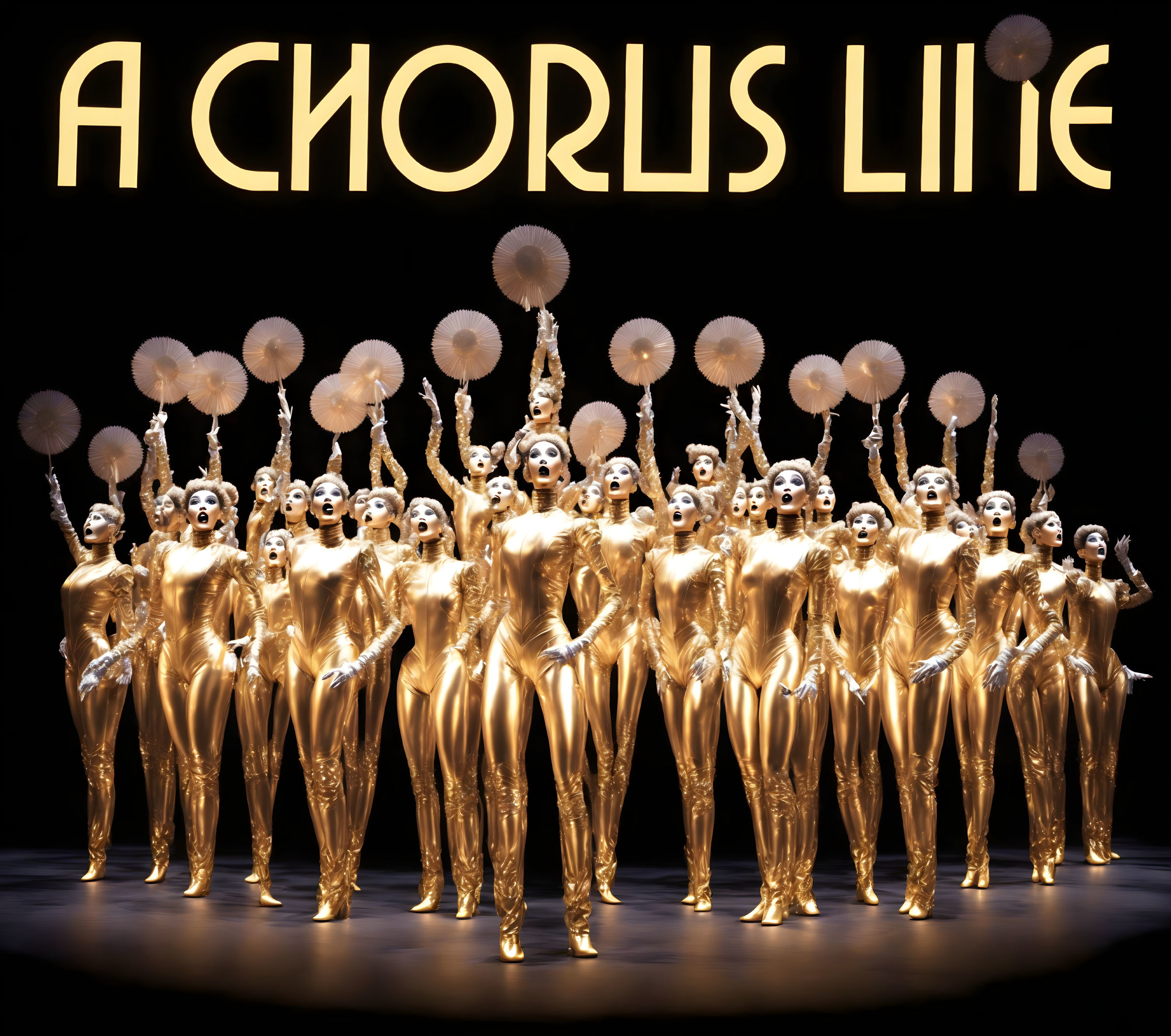 Group of Performers in Golden Outfits Under Bright Lights