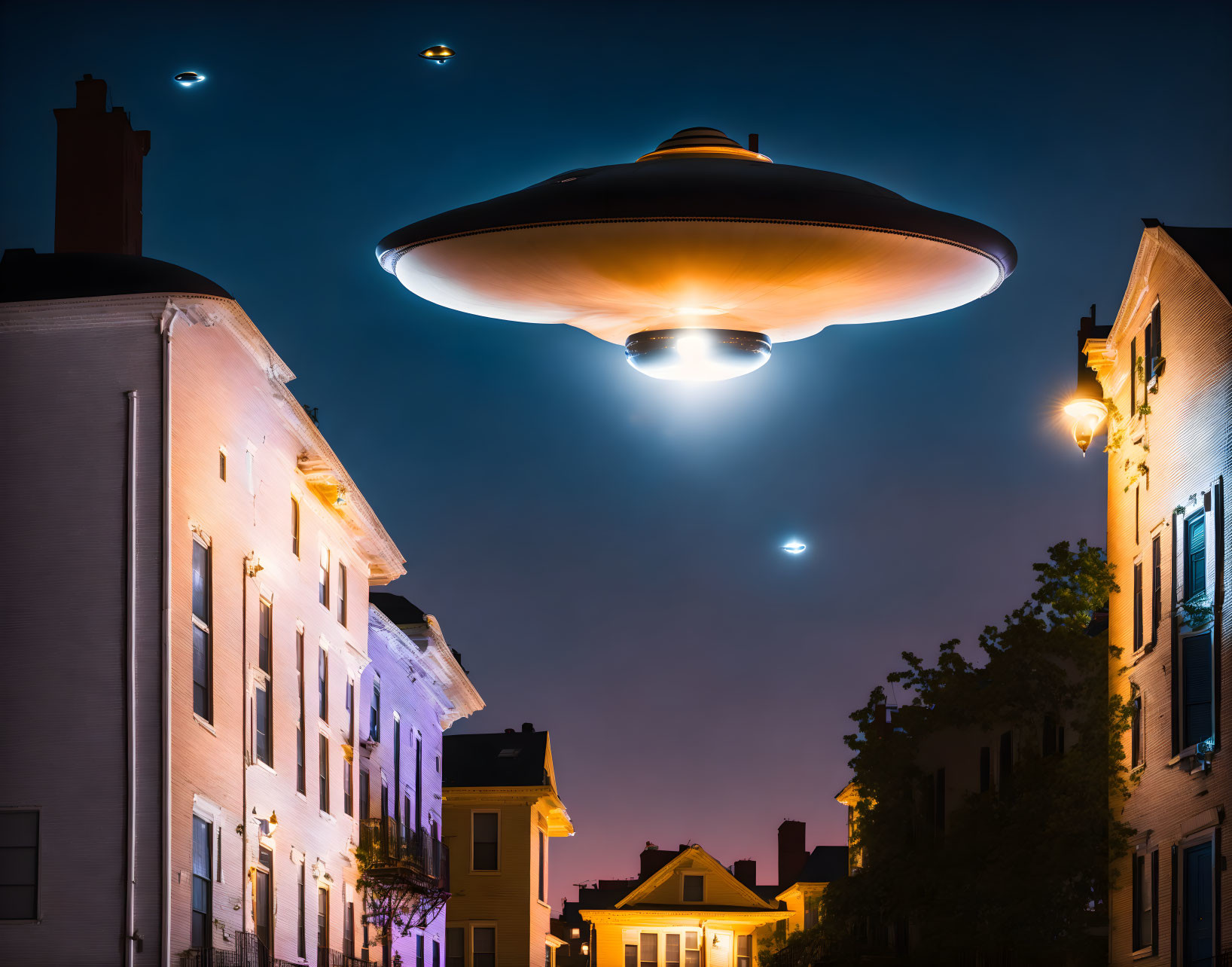 Night scene: Large UFO hovers over traditional street with bright beam and scattered lights