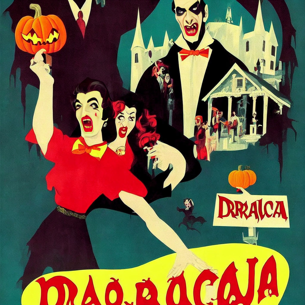 Stylized vampire characters on vintage Halloween poster with haunted house and Cyrillic text