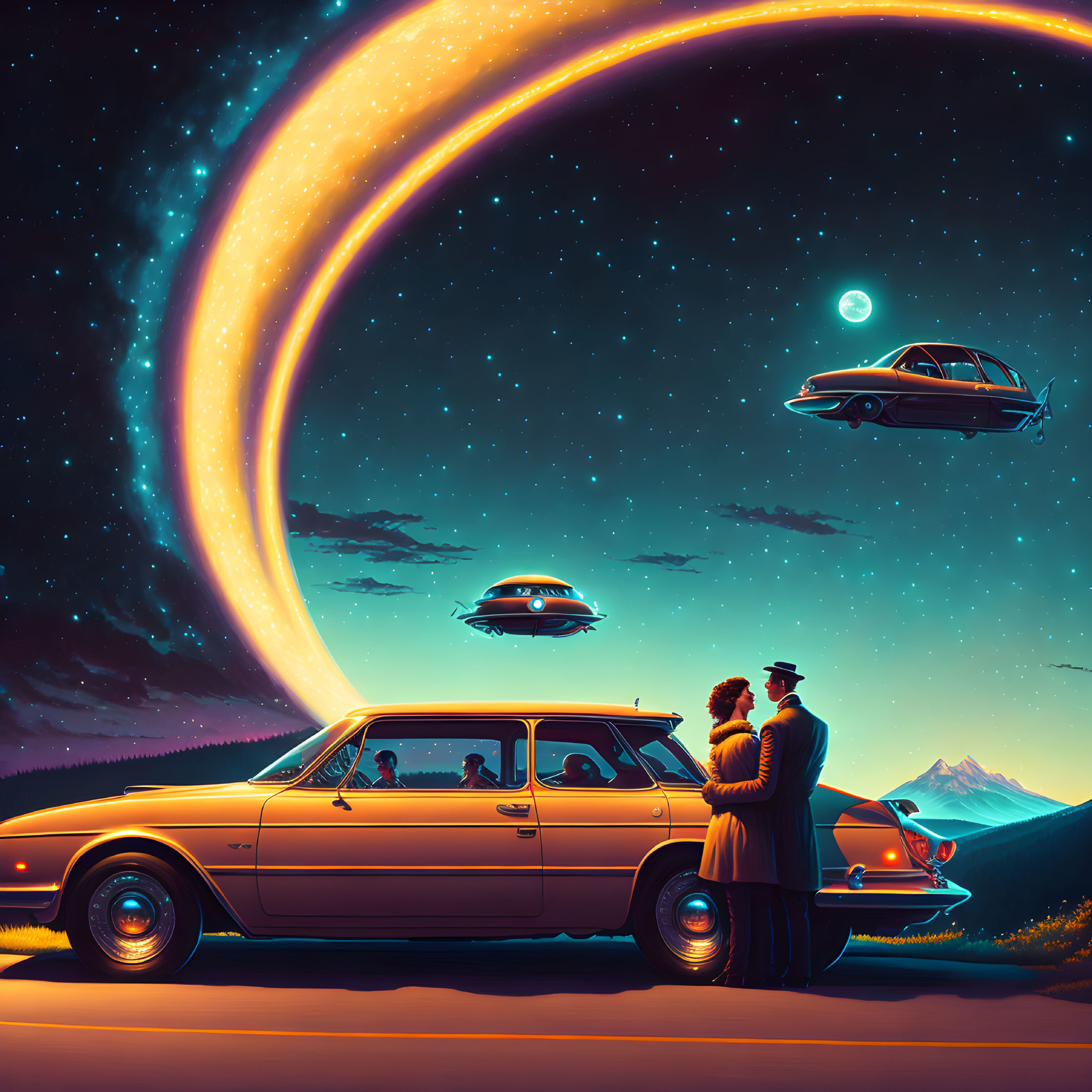 Couple by classic car under night sky with UFOs and futuristic vehicle.