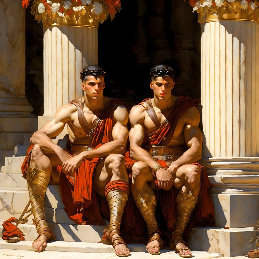 Muscular individuals in ancient Greek attire at stone temple with festive decorations