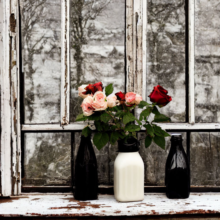 Rustic window with peeling white paint, wintry scene, pink and red roses in milk