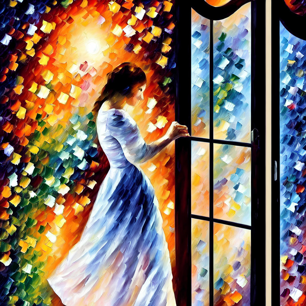 Woman in white dress by vibrant stained-glass style door amid warm, colorful scene.