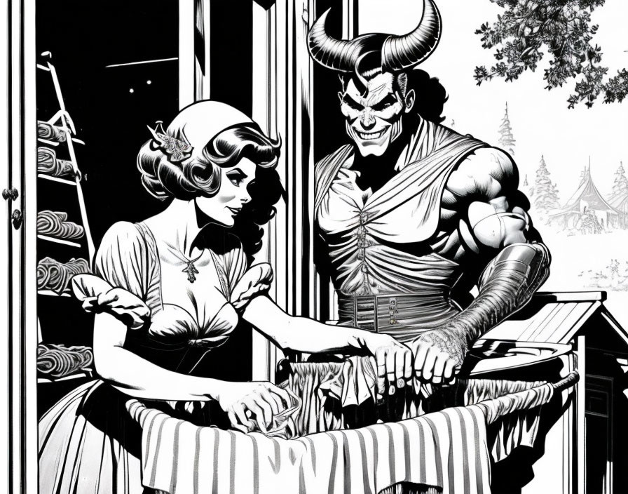 Monochrome illustration of stylized man and woman with horns on porch.