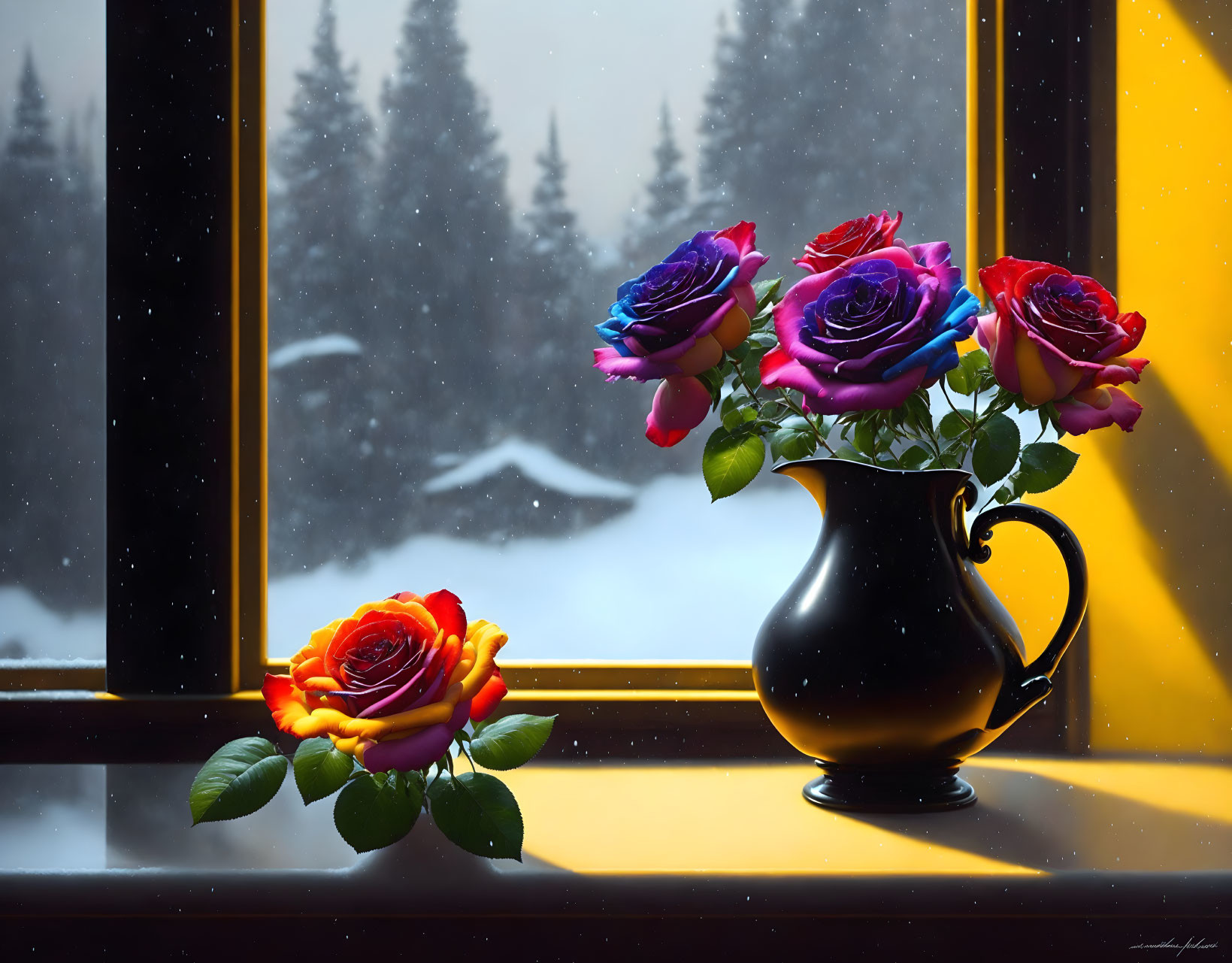 Multicolored roses in vase on snowy forest windowsill