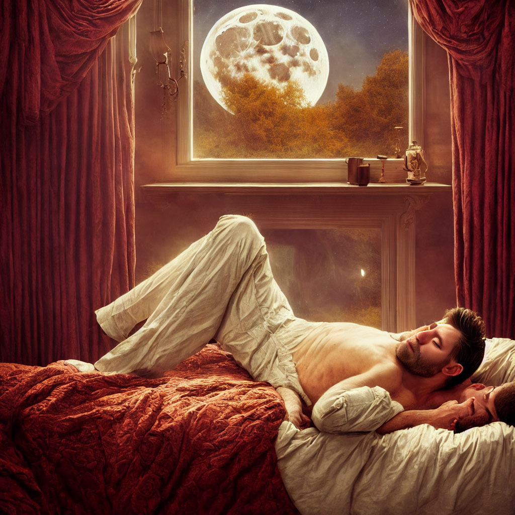 Man peacefully resting in bed under full moon glow