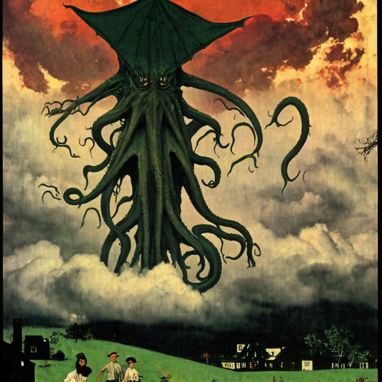 Surreal artwork: Octopus-like creature flying over rural landscape